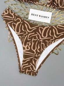 Conjunto de bikini de 2 piezas con tirantes finos, cuello halter, base negra, lunares blancos y estampado aleatorio dulce y lindo con corte alto en los laterales para mujer, primavera/verano 2026 - Multicolor 7 - Ver 5