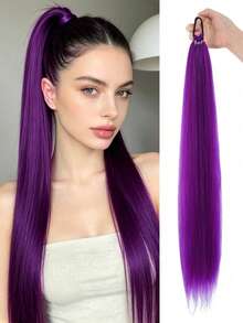 28 Inch Long Straight Synthetic Fiber Ponytail Hair Extensions, Braided Ponytail Extensions, Multi-Functional Elastic Band, Elegant Black Wig, Natural Soft Fiber, Suitable For Multiple Skin Tones - Multicolor - View 15