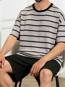 Men's Striped & Solid Color Short Sleeve Shorts 2-Piece Pajama Set, Lightweight, Minimalist, Neutral Style For Summer - Multicolor - View 3