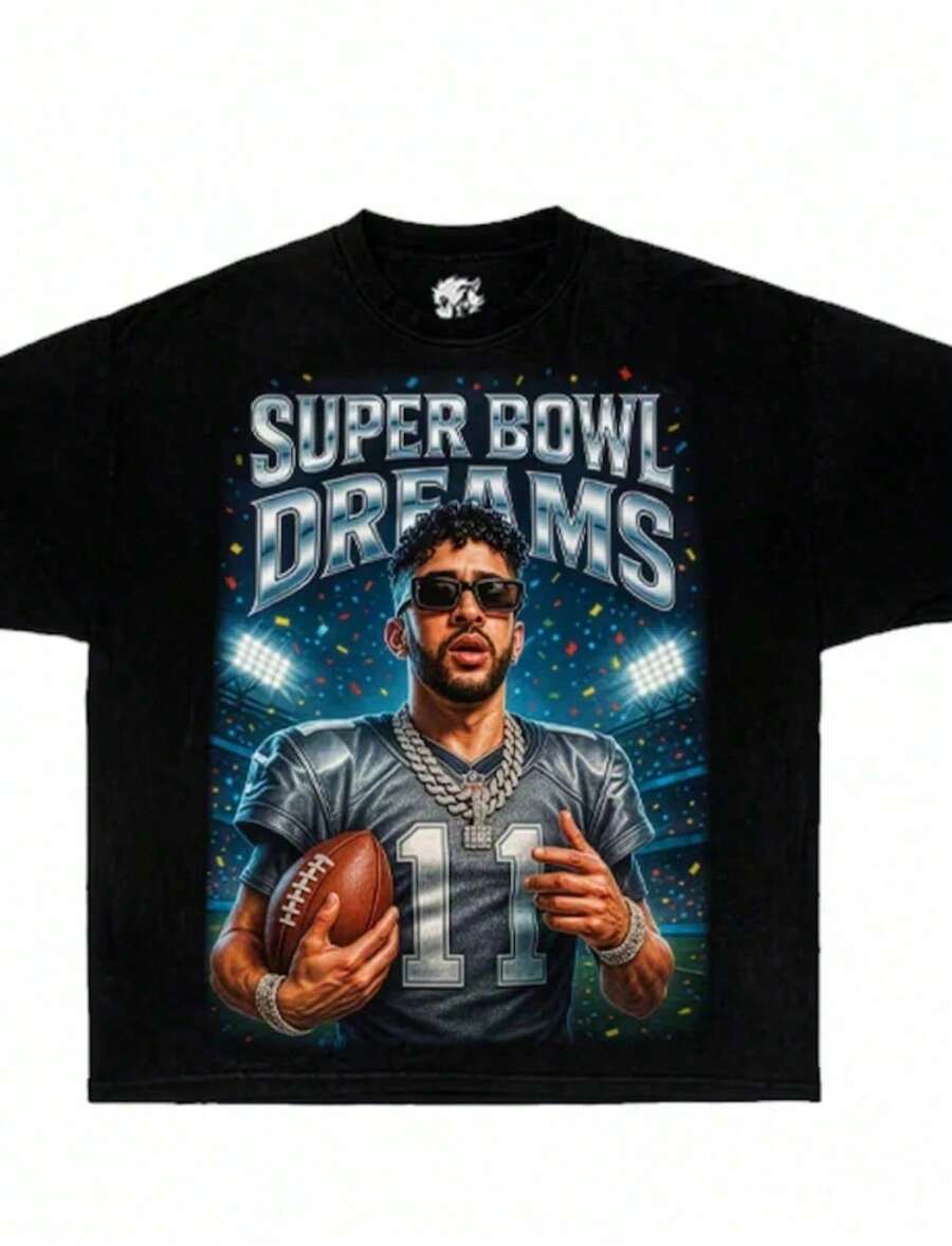Bunny Benito Latin Stadium Singer Streetwear Boxy Tee Shirt Puerto Rico Football Graphic Oversized H - 黑色 - 查看 1