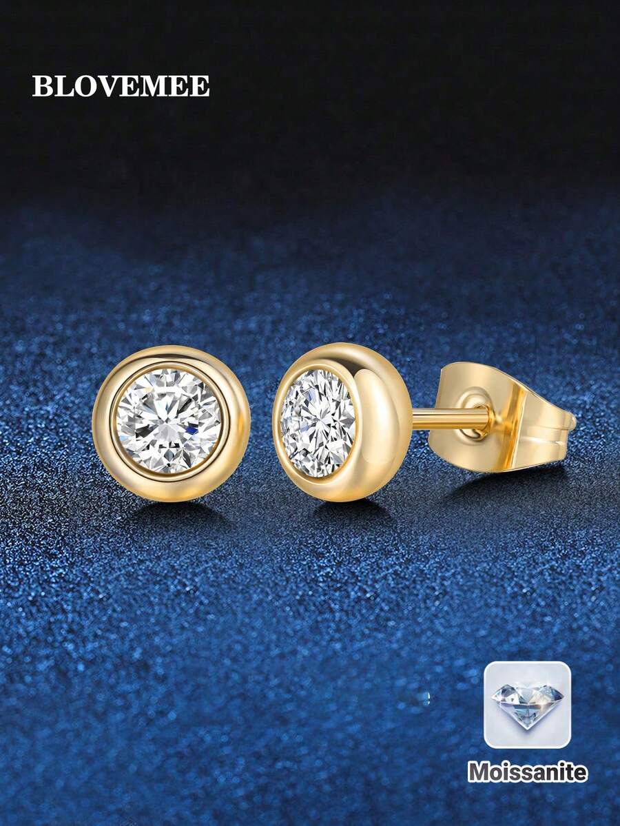 2 件精致奢华 925 纯银 0.50 克拉莫桑石耳钉,适合女性日常佩戴和作为母亲节礼物 - 金黃色 - 查看 1