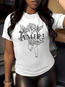 ángel con alas extendidas que sostiene una flor simboliza pureza esperanza y amor en medio de la oscuridad transmitiendo calma interior y elegancia camiseta de mujer casual moderna suave y confortable para combinación diaria - Blanco - Ver 5