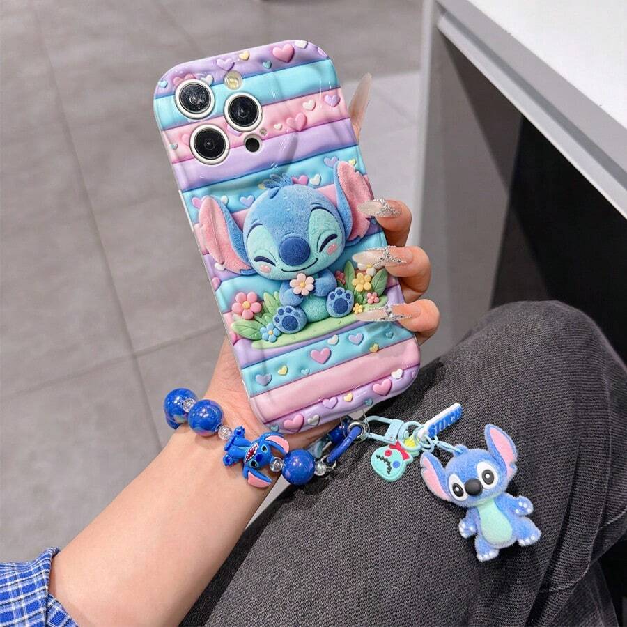 Disney Lilo & Stitch Phone Case With Stitch Charm And Stitch Lanyard - Cute Stitch Protective Case With Flower And Heart Accent Design, Equipped With Delicate Stitch Decorative Lanyard And Beaded Bracelet For Easy Carrying, Compatible With IPhone 17, 16, 15, 14, 13, 12, 11 Pro Series, Ideal For Birthdays, Holidays, Anniversaries, Graduation Gifts, Or Any Special Occasion To Surprise Family, Friends, Classmates, And Loved Ones. - 白色 - 查看 1