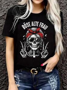 Short-Sleeved T-Shirt With Round Neck And Skeleton Print, Comfortable For Spring/Summer - Black - View 7