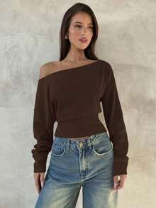 Top de manga larga asimétrico de hombro de punto de color albaricoque para mujer, otoño/invierno - Café integral - Ver 7