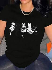 Women's Comfortable Round Neck Casual Cotton Blend Short Sleeve T-Shirt Soft Breathable Top Women's Clothing Summer Spring Streetwear - 黑色 - 查看 6