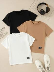 3pcs/Set Boys' Casual Solid Color Decorative Short Sleeve T-Shirts - Multicolor - View 2