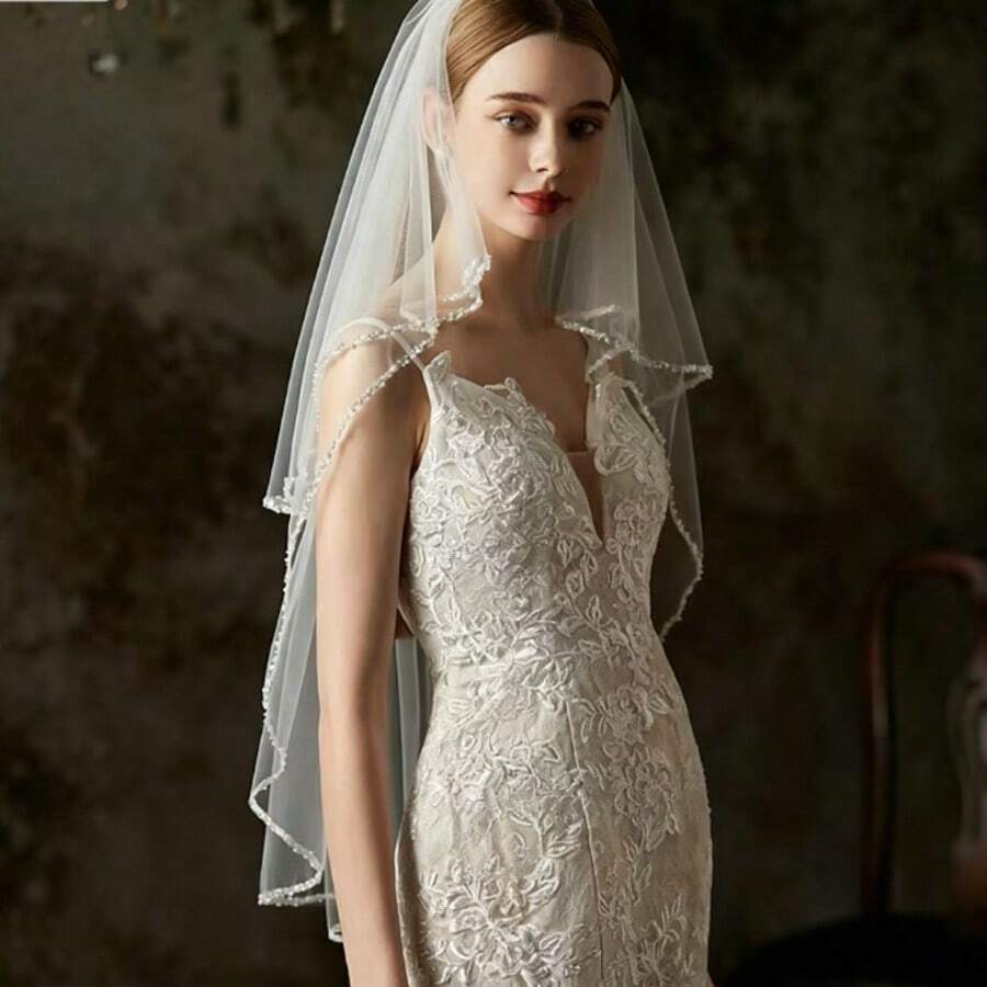 Luxury Handmade Pearl & Sequin Bridal Veil, Double-Layer Wedding Veil For Lawn Wedding, Matching Wedding Dress & Hair Comb Accessories - Beige - View 1