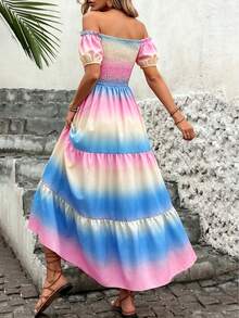 Vestido casual de verano elegante con hombros descubiertos y fruncido en degradado - Multicolor - Ver 2