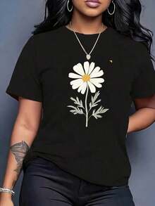 Women's Black Short-Sleeved T-Shirt With Round Neck And Fun Print Featuring A White Daisy Flower Design, Casual Summer Top With Graphic Print, Suitable For Holiday Gifts And Leisure. - 黑色 - 查看 1