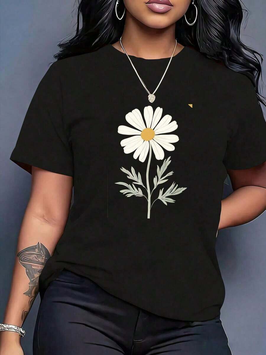 Women's Black Short-Sleeved T-Shirt With Round Neck And Fun Print Featuring A White Daisy Flower Design, Casual Summer Top With Graphic Print, Suitable For Holiday Gifts And Leisure. - 黑色 - 查看 1