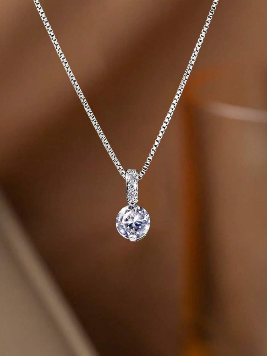 1 chiếc dây chuyền mặt dây chuyền hình giọt nước tối giản đính đá Zirconia, kiểu dáng thanh lịch dành cho nữ. - Bạc - Xem 1