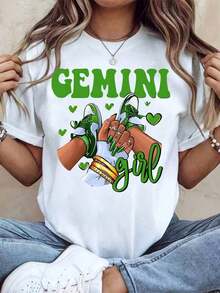 1 Piece Of Women's Round Neck T-Shirt With Gemini Girl Print With Green Sneakers And Hearts, Short Sleeve, Casual Summer Style For Daily Wear, 180g, 100% Cotton. - 黑色 - 查看 5
