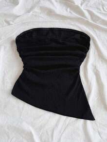 Blusa ajustada con diseño arrugado, abertura lateral y bajo asimétrico en textura azul para vacaciones de mujer - Negro - Ver 2