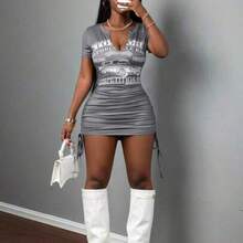 Slayr Casual Basic Sports Sexy Street Racer Graphic V-Neck Drawstring Bodycon Mini Dress - Gris - Ver 1