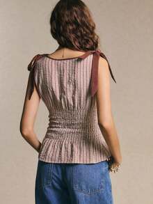 Blusa de cuadros verdes con cuello redondo, cintura con lazo y volantes en el bajo, hombros con lazo, para verano, tops de mujer, tops de verano, tops de concierto, tops de playa, tops con volantes, tops con lazo delantero, tops bohemios, tops de - Caqui 2 - Ver 2