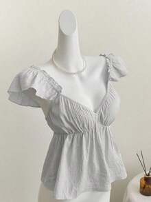 Top corto de camisola con escote bajo y espalda descubierta, con manga tipo gorra y volantes en azul, diseño sexy - Gris Claro 2 - Ver 1
