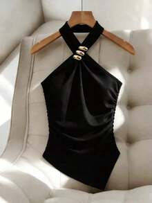 Top corto sin mangas decorado con metal negro, top de punto ajustado de verano informal con bajo asimétrico, top de diseñador tipo halter, tops elegantes y clásicos sin mangas para mujer, tops con cremallera, top burdeos, top fruncido - Negro - Ver 6
