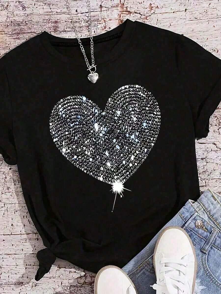 Camiseta de algodón 100% con estampado de corazón y pedrería, cuello redondo, corte holgado informal, manga corta, ideal para el verano, tejido de punto, tallas S-7XL para mujer, perfecta para citas, actividades al aire libre y uso casual, presenta un estilo clásico americano.Transpirable y cómodo - Negro - Ver 1