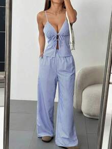 Conjunto informal de 2 piezas con top de tirantes con nudo delantero y rayas y pantalones para mujer - Azul marino - Ver 7