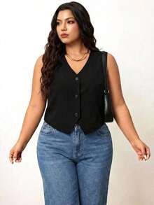 Chaleco negro ligero de talla grande, ropa de oficina para mujer, para silueta de manzana y redondeada, para el verano - Negro - Ver 7