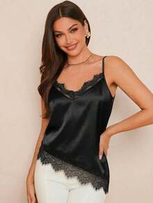 Camiseta de satén azul elegante para mujer con cuello de encaje, versátil para usar en primavera/verano o como prenda de abrigo debajo de chaquetas en otoño/invierno - Negro 2 - Ver 4