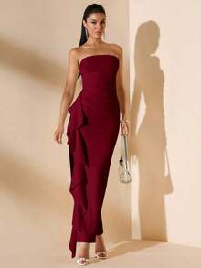Vestido de dama de honor de boda de verano, vestido largo blanco con pliegues, abertura alta, volantes y tiras para fiesta, sin mangas y sin tirantes, sexy - Burdeos - Ver 8