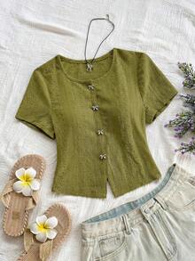 Blusa casual de mujer con manga corta, bordado de malla y lazo con botón - Verde - Ver 7