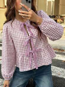 Blusa de cuello redondo de estilo vaquero, hippie y vintage para mujer, nueva llegada del verano 2025 - Rosa vieja - Ver 1