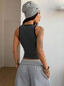Camiseta de punto de verano con cuello en V gris, cómoda y elegante, con encaje de contraste, para salir y vacaciones - Negro 2 - Ver 7