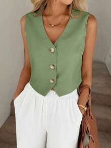 Chaleco negro, chaqueta fina, blusa de oficina para mujer - Verde - Ver 4