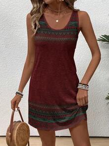 Vestido casual de mujer sin mangas con estampado geométrico - Burdeos - Ver 3