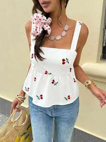 Camiseta sin mangas con volantes y estampado de lunares para vacaciones - Albaricoque 2 - Ver 3