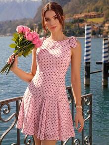 Vestido mini casual y de fiesta con pliegues y lunares para mujer - Rosa 2 - Ver 8