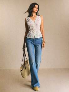 Camiseta sin espalda con escote en V, encaje y parches con estampado floral pequeño, estilo casual de verano y vacaciones - Blanco - Ver 4