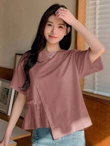 Camiseta casual de mujer para el verano con cuello redondo, manga corta, ajuste holgado y dobladillo con volantes y un solo unicolor - Rosa - Ver 6