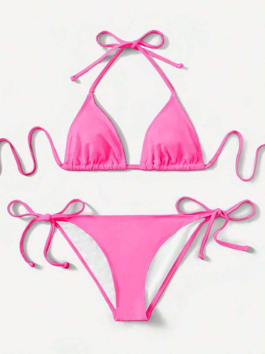 Women's Simple Solid Color Swim Bikini With A Halter Neck And Cutout, Suitable For Beach Vacations And Summer. - Old Rose 2 - View 1