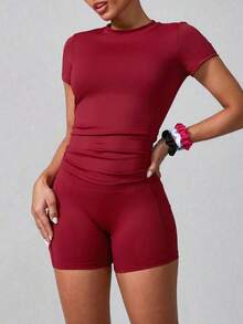 Conjunto deportivo de verano para mujer de unicolor simple con pantalón corto y manga corta - Burdeos - Ver 7