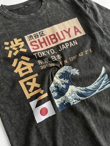 FRACTYR 男士夏季休闲街头风做旧原宿浮世绘印花图案T恤，柔软亲肤宽松圆领短袖T恤，复古美式街头风和日式风格 - 黑色 - 查看 4