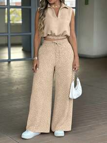 Conjunto casual versátil de blusa sin mangas con cuello vuelto y pantalones largos casuales con cintura elástica y cordón - Albaricoque - Ver 3