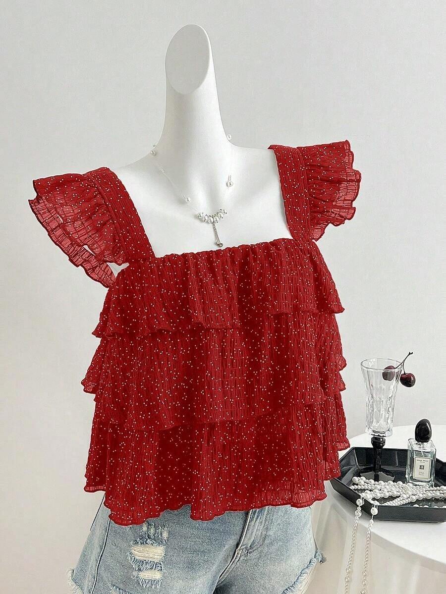 Blusa de mujer con patrón de cuadros arrugados, lunares negros, diseño suelto de mangas con volantes - Rojo - Ver 1