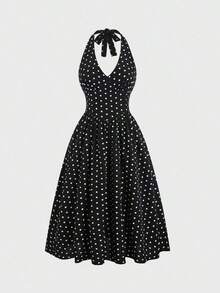 Vestido casual de verano para mujer con estampado de lunares, escote halter y espalda descubierta - Blanco y Negro - Ver 6