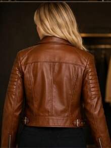 Women's Leather Jacket With Belt - 鏽棕色 - 查看 2
