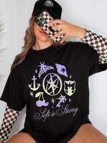 1 Piece 180g Women's Cotton Shirt, Oversized Short Sleeve Round Neck With Print For Daily And Street Wear, Designed By Y2K Artists In The Bababask Style - 黑色2 - 查看 6