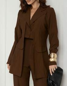 Premium Women's Double Blazer And Pants Set - Rust Brown - View 2