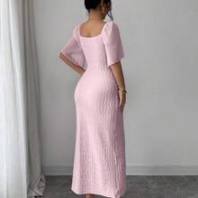 Women's Metal Buckle Color Block Ruffle Collar Petal Sleeve Fitted Elegant Dress, Spring/Summer Dress With Metal Buckle Pink Midi Dress - Morado - Ver 3