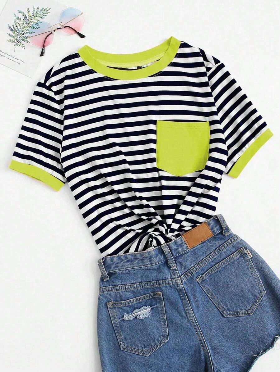 Camiseta ringer de rayas con bolsillo - Multicolor - Ver 1