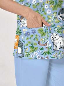 PopScrub Conjunto de 2 piezas con diseño de bolsillo con oreja, estampado de gato y planta de dibujos animados, de cuello en V y manga corta, uniforme de enfermera de primavera/verano, pantalón casual de color azul claro, conjunto de uniforme de enfermera, adecuado para amantes de los gatos - Multicolor - Ver 6