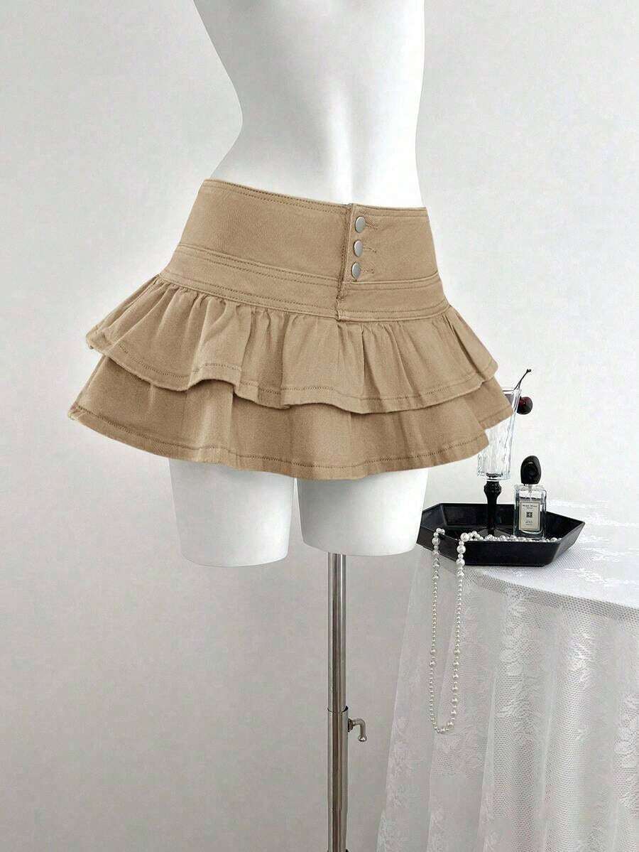 Falda de mezclilla de moda para mujer con diseño de cintura con botones y dobladillo con doble volante - Caqui - Ver 1