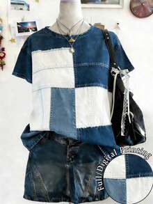 Camiseta casual de mujer con cuello redondo y mangas cortas, con efecto desgastado, versátil para uso diario - Multicolor 2 - Ver 1